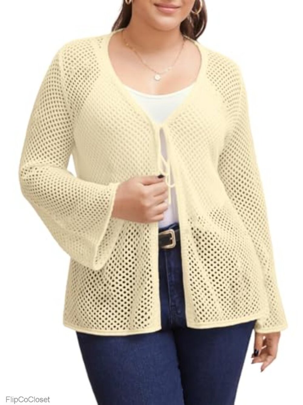 Plus Size Crochet Cardigan Tie Front Long Sleeve Hollow Out Lightweight Knit Top